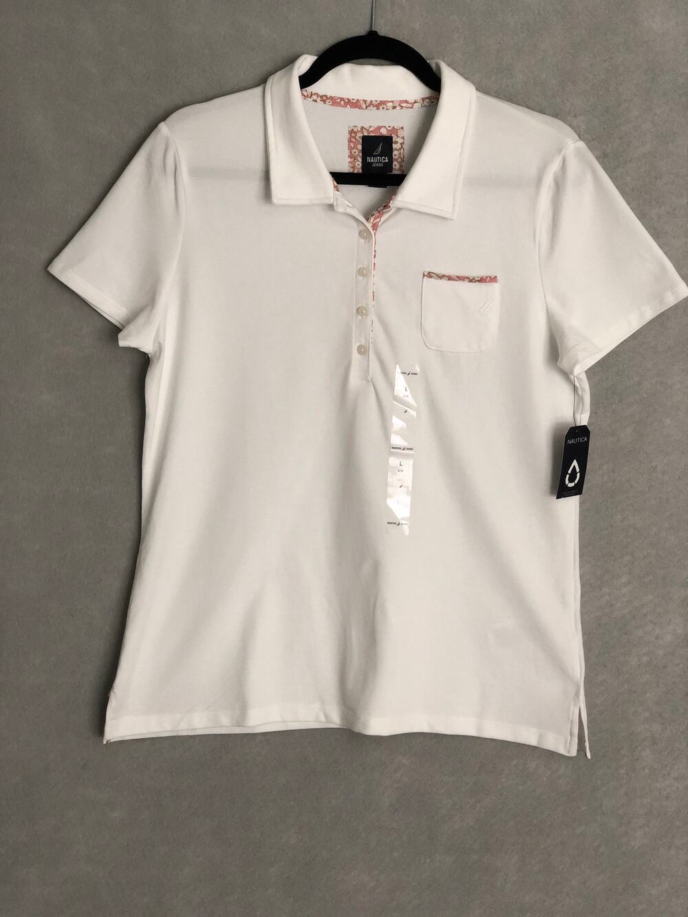 Nautica Jeans Polo Top Short Sleeve Collar White Women's Large NEW